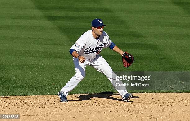 Jamey Carroll of the Los Angeles Dodgers plays against the Arizona Diamondbacks at Dodger Stadium on April 13, 2010 in Los Angeles, California.