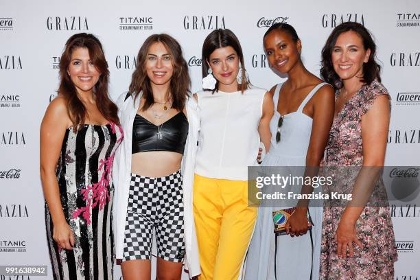 Sedef Ayguen, Masha Sedgwick, Marie Nasemann, Sara Nuru and Claudia ten Hoevel during the GRAZIA Pink Hour at Titanic Hotel on July 4, 2018 in...