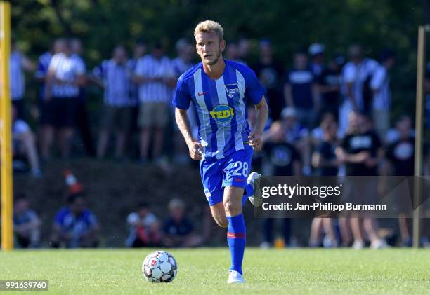 Fabian Lustenberger of Hertha BSC controls the ball during the test match between RSV Eintracht Stahnsdorf and Hertha BSC on July 4, 2018 in...