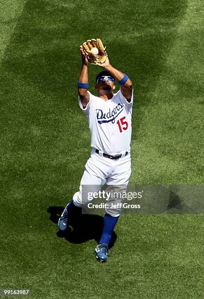 Rafael Furcal of the Los Angeles Dodgers makes a catch against the Arizona Diamondbacks at Dodger Stadium on April 13, 2010 in Los Angeles,...