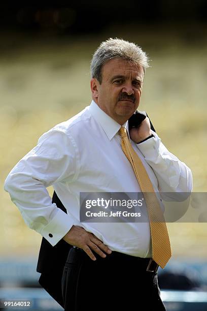 Los Angeles Dodgers' general manager Ned Colletti looks on prior to the start of the game against the Arizona Diamondbacks at Dodger Stadium on April...