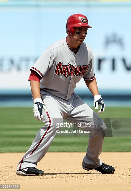 Adam LaRoche of the Arizona Diamondbacks leads off of second base against the Los Angeles Dodgers at Dodger Stadium on April 13, 2010 in Los Angeles,...