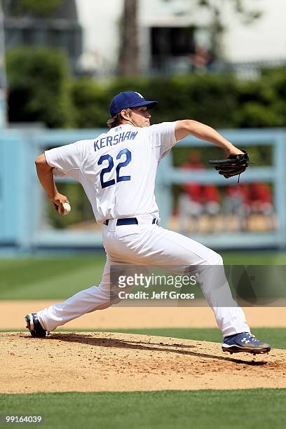 Clayton Kershaw of the Los Angeles Dodgers pitches against the Arizona Diamondbacks at Dodger Stadium on April 13, 2010 in Los Angeles, California.