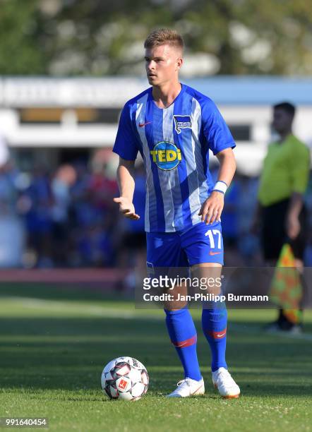 Maximilian Mittelstaedt of Hertha BSC controls the ball during the test match between RSV Eintracht Stahnsdorf and Hertha BSC on July 4, 2018 in...