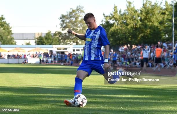 Maximilian Mittelstaedt of Hertha BSC controls the ball during the test match between RSV Eintracht Stahnsdorf and Hertha BSC on July 4, 2018 in...