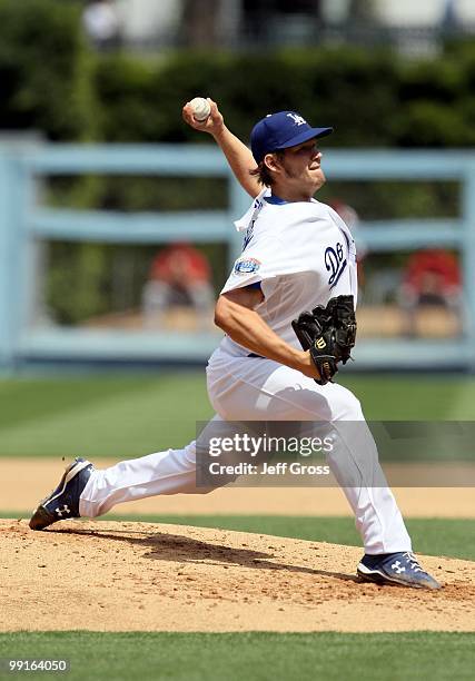 Clayton Kershaw of the Los Angeles Dodgers pitches against the Arizona Diamondbacks at Dodger Stadium on April 13, 2010 in Los Angeles, California.