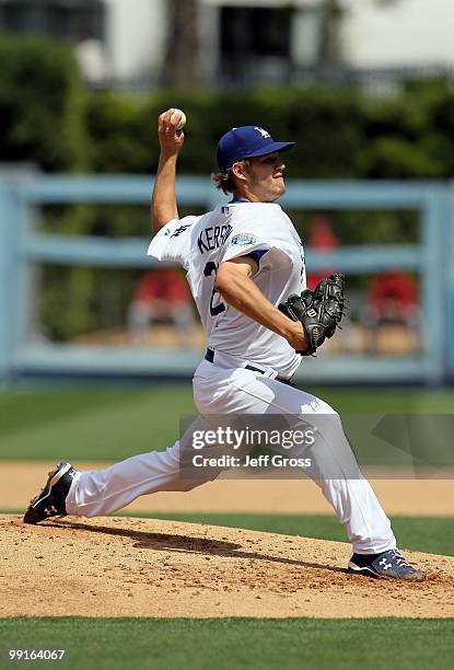 Clayton Kershaw of the Los Angeles Dodgers pitches against the Arizona Diamondbacks at Dodger Stadium on April 13, 2010 in Los Angeles, California.