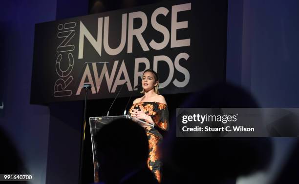 Emilia Clarke introduces the 'Nurse of the Year' Awards 2018 at Park Plaza Westminster Bridge Hotel on July 4, 2018 in London, England.