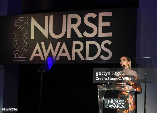 Emilia Clarke introduces the 'Nurse of the Year' Awards 2018 at Park Plaza Westminster Bridge Hotel on July 4, 2018 in London, England.