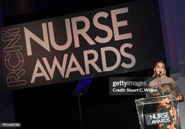 Emilia Clarke introduces the 'Nurse of the Year' Awards 2018 at Park Plaza Westminster Bridge Hotel on July 4, 2018 in London, England.