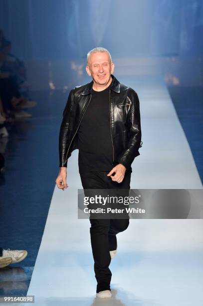 Fashion designer Jean-Paul Gaultier acknowledges the audience at the end of the Jean-Paul Gaultier Haute Couture Fall Winter 2018/2019 show as part...
