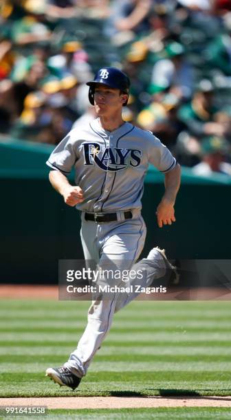 Joey Wendle of the Tampa Bay Rays runs the bases during the game against the Oakland Athletics at the Oakland Alameda Coliseum on May 31, 2018 in...