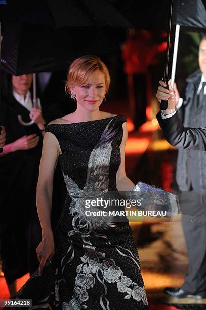 Australian actress Cate Blanchett arrives for a party at the Hotel Majestic during the 63rd Cannes Film Festival on May 12, 2010 in Cannes. AFP PHOTO...