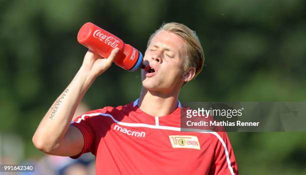 Simon Hedlund of 1 FC Union Berlin before the test match between Chemnitzer FC and Union Berlin at Werner-Seelenbinder-Sportplatz on July 4, 2018 in...