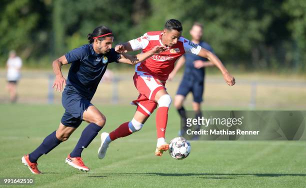 Right: Kenny Prince Redondo of 1 FC Union Berlin during the test match between Chemnitzer FC and Union Berlin at Werner-Seelenbinder-Sportplatz on...