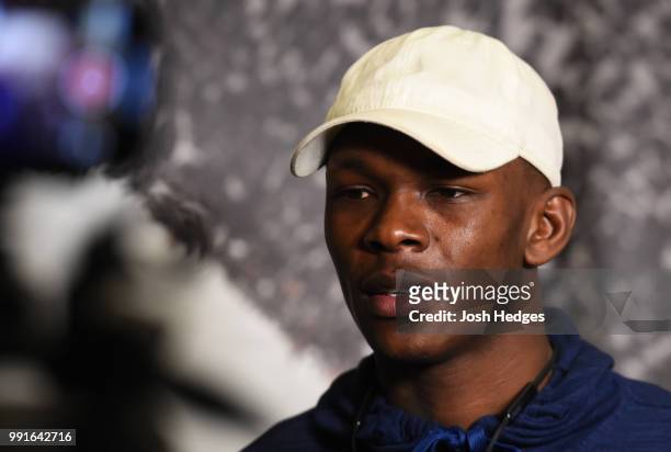 Israel Adesanya of Nigeria interacts with media during The Ultimate Fighter Finale media day on July 4, 2018 at the Park MGM in Las Vegas, Nevada.
