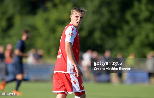 Joshua Mees of 1 FC Union Berlin during the test match between Chemnitzer FC and Union Berlin at Werner-Seelenbinder-Sportplatz on July 4, 2018 in...