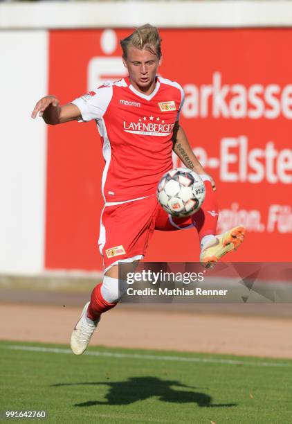 Simon Hedlund of 1 FC Union Berlin during the test match between Chemnitzer FC and Union Berlin at Werner-Seelenbinder-Sportplatz on July 4, 2018 in...