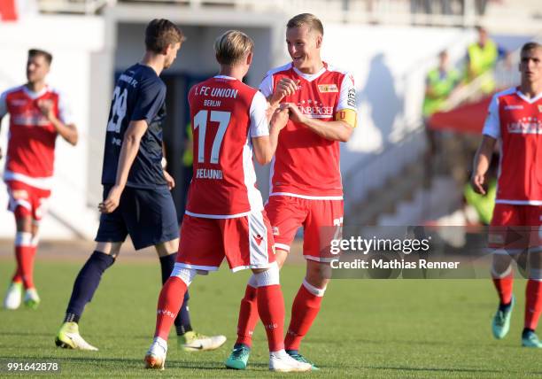 Simon Hedlund and Felix Kroos of 1 FC Union Berlin during the test match between Chemnitzer FC and Union Berlin at Werner-Seelenbinder-Sportplatz on...