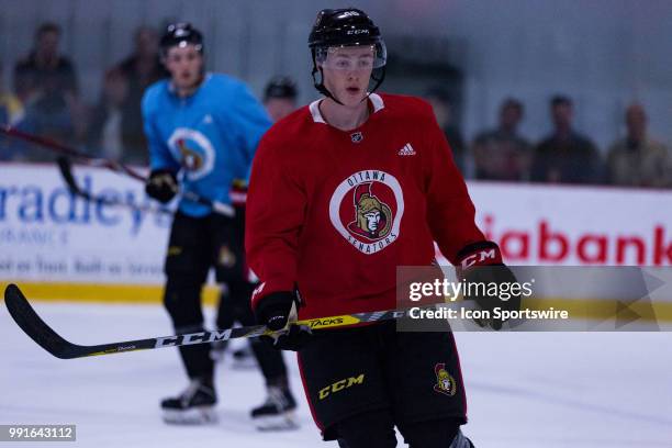 Ottawa Senators Prospect Defenseman Jacob Bernard-Docker tracks the play during the Ottawa Senators Development Camp on July 2 at Bell Sensplex in...