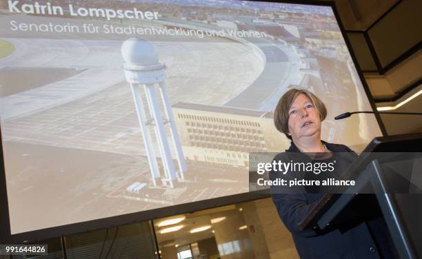 Berlin's senator for construction Katrin Lompscher of the Left Party greets the visitors during the open day at former Tempelhof Airport in Berlin,...