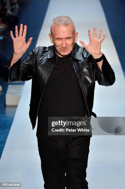 Fashion designer Jean-Paul Gaultier acknowledges the audience at the end of the Jean-Paul Gaultier Haute Couture Fall Winter 2018/2019 show as part...