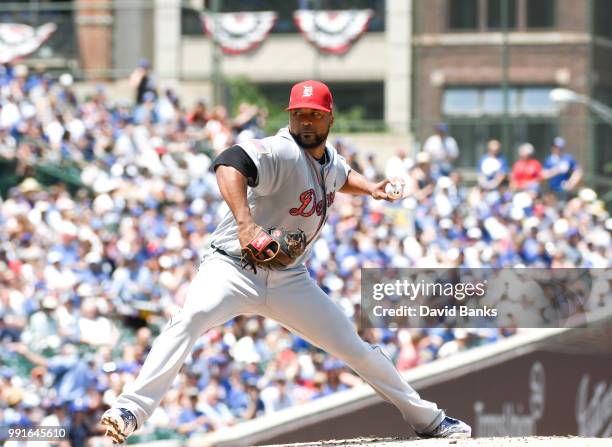 Francisco Liriano of the Detroit Tigers pitches against the Chicago Cubs during the first inning on July 4, 2018 at Wrigley Field in Chicago,...