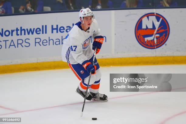 New York Islanders Forward Tyce Thompson skates during New York Islanders Mini Camp and the Blue and White Scrimmage on June 28 at Northwell Health...