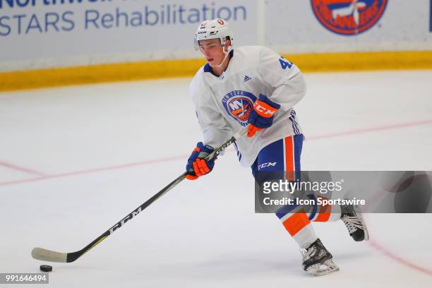 New York Islanders Forward Tyce Thompson skates during New York Islanders Mini Camp and the Blue and White Scrimmage on June 28 at Northwell Health...