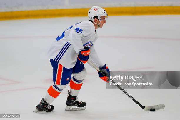 New York Islanders Forward Ryan Hitchcock skates during New York Islanders Mini Camp and the Blue and White Scrimmage on June 28 at Northwell Health...