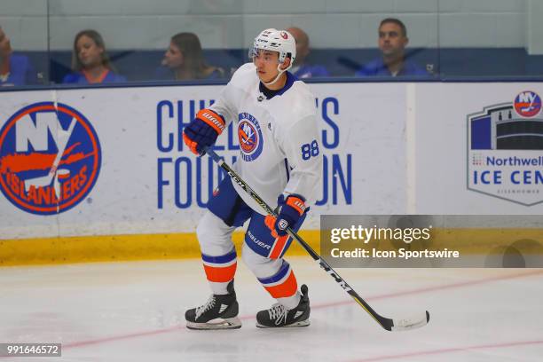 New York Islanders Defenseman Andong Song skates during New York Islanders Mini Camp and the Blue and White Scrimmage on June 28 at Northwell Health...