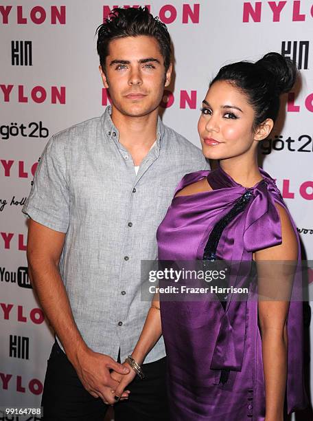 Actors Zac Efron and Vanessa Hudgens arrive at the NYLON & YouTube Young Hollywood Party at the Roosevelt Hotel on May 12, 2010 in Hollywood,...