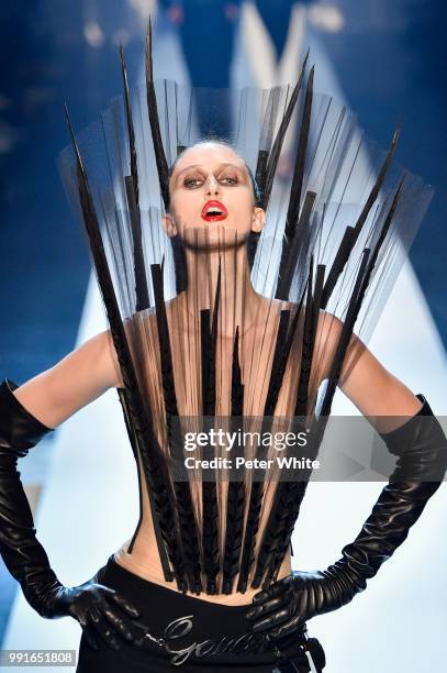 Model Anna Cleveland, fashion detail, walks the runway during the Jean-Paul Gaultier Haute Couture Fall Winter 2018/2019 show as part of Paris...