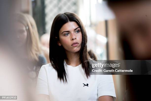 Georgia Fowler poses backstage before the Zuhair Murad Haute Couture Fall Winter 2018/2019 show as part of Paris Fashion Week on July 4, 2018 in...