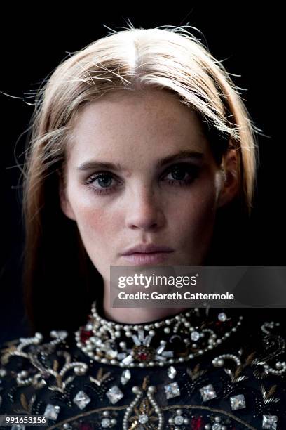 Alexina Graham poses backstage before the Zuhair Murad Haute Couture Fall Winter 2018/2019 show as part of Paris Fashion Week on July 4, 2018 in...