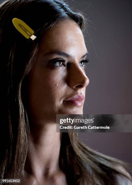 Alessandra Ambrosio poses backstage before the Zuhair Murad Haute Couture Fall Winter 2018/2019 show as part of Paris Fashion Week on July 4, 2018 in...