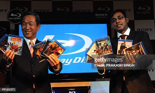 Managing Director of Sony India Masaru Tamagawa and MD of Sony Pictures Home Entertainment Keith Ribeiro pose with newly launch Blu-Ray Disc player...