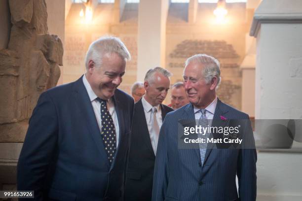 Prince Charles, Prince of Wales, is accompanied by Rt. Hon. Carwyn Jones AM, the First Minister of Wales as he attends a thanksgiving service to...