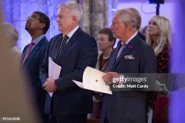 Prince Charles, Prince of Wales is accompanied by Rt. Hon. Carwyn Jones AM, the First Minister of Wales , as he attends a thanksgiving service to...