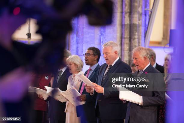 Prince Charles, Prince of Wales is accompanied by Rt. Hon. Carwyn Jones AM, the First Minister of Wales , as he attends a thanksgiving service to...