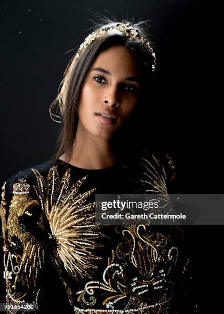 Cindy Bruna poses backstage before the Zuhair Murad Haute Couture Fall Winter 2018/2019 show as part of Paris Fashion Week on July 4, 2018 in Paris,...