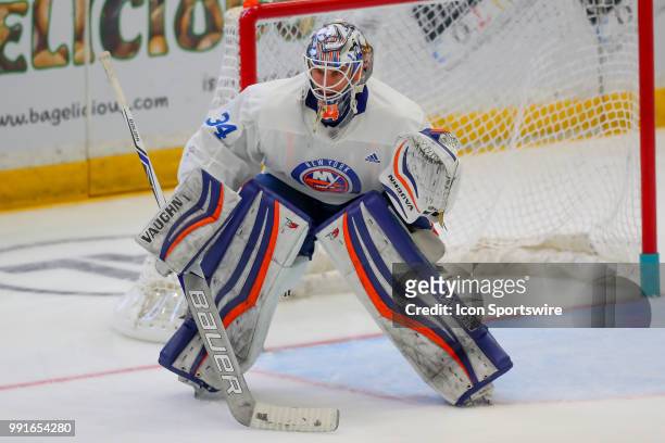 New York Islanders Goaltender Eamon Mcadam skates during New York Islanders Mini Camp and the Blue and White Scrimmage on June 28 at Northwell Health...