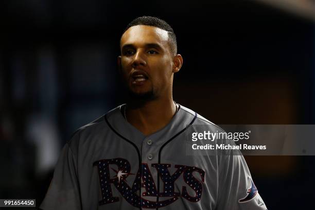 Carlos Gomez of the Tampa Bay Rays reacts in the dugout against the Miami Marlins at Marlins Park on July 4, 2018 in Miami, Florida.