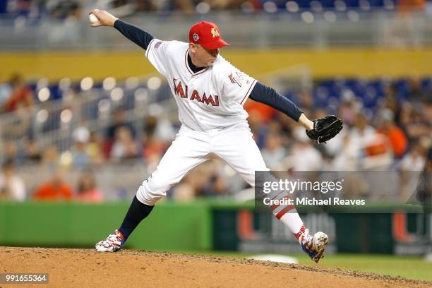Brad Ziegler of the Miami Marlins delivers a pitch in the ninth inning against the Tampa Bay Rays at Marlins Park on July 4, 2018 in Miami, Florida.