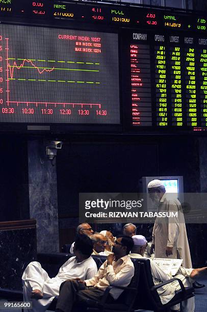 Pakistani stockbrokers watch a share prices board during a trading session at the Karachi Stock Exchange on May 13, 2010. The benchmark KSE 100-index...