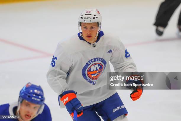 New York Islanders Forward Chase Berger skates during New York Islanders Mini Camp and the Blue and White Scrimmage on June 28 at Northwell Health...