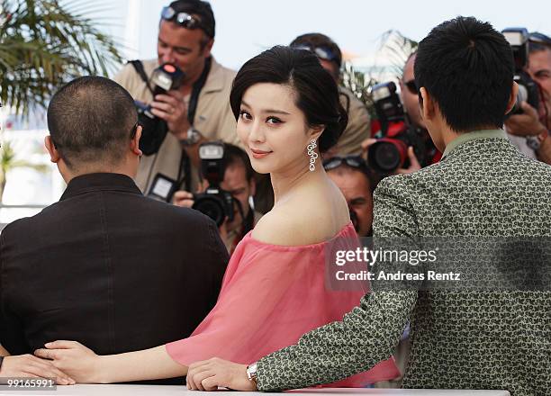 Xiaoshuai Wang, Fan BingBing and Hao Qin attend the 'Chongqing Blues' Photocall at the Palais des Festivals during the 63rd Annual Cannes Film...