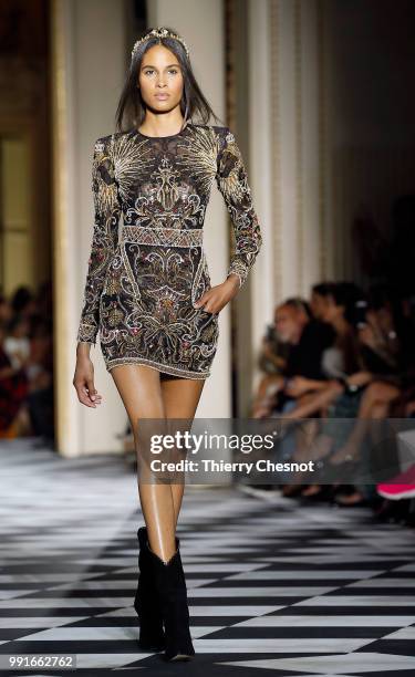 Model Cindy Bruna walks the runway during the Zuhair Murad Haute Couture Fall Winter 2018/2019 show as part of Paris Fashion Week on July 4, 2018 in...