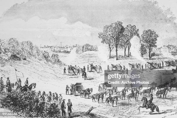 An engraving of Major General Kilpatrick shelling the city of Richmond, Virginia, circa 1865.