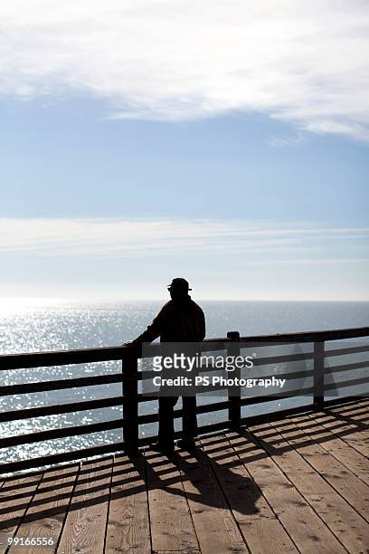 silhouette of a man standing on a pier - oceanside pier stock pictures, royalty-free photos & images